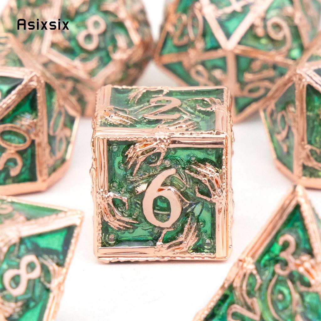 7 Pcs Golden Green Hand Metal Dice Solid Metal Polyhedral Dice Set Suitable for Role-Playing RPG Board Game Card Game