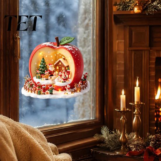 Durable PVC Seasonal Home Decor Christmas Static Window Clings, Apple House Santa Claus Stickers, Waterproof Creative Holiday Scene Wall Clings Glass