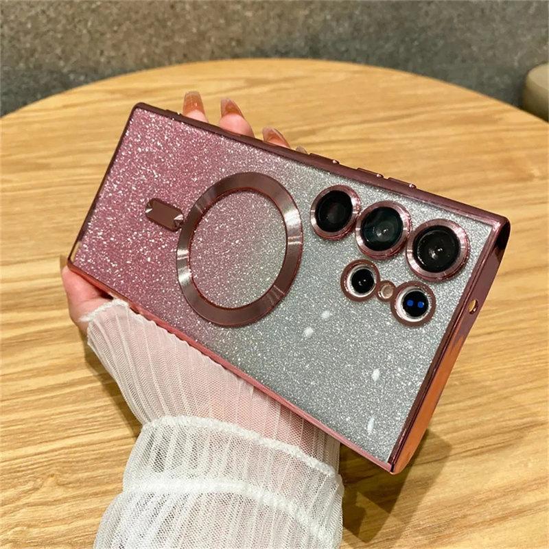 Роскошный блестящий магнитный женский чехол для Magsafe для Samsung Galaxy S24 S23 S22 Ultra Plus, аксессуары, чехол для беспроводной зарядки