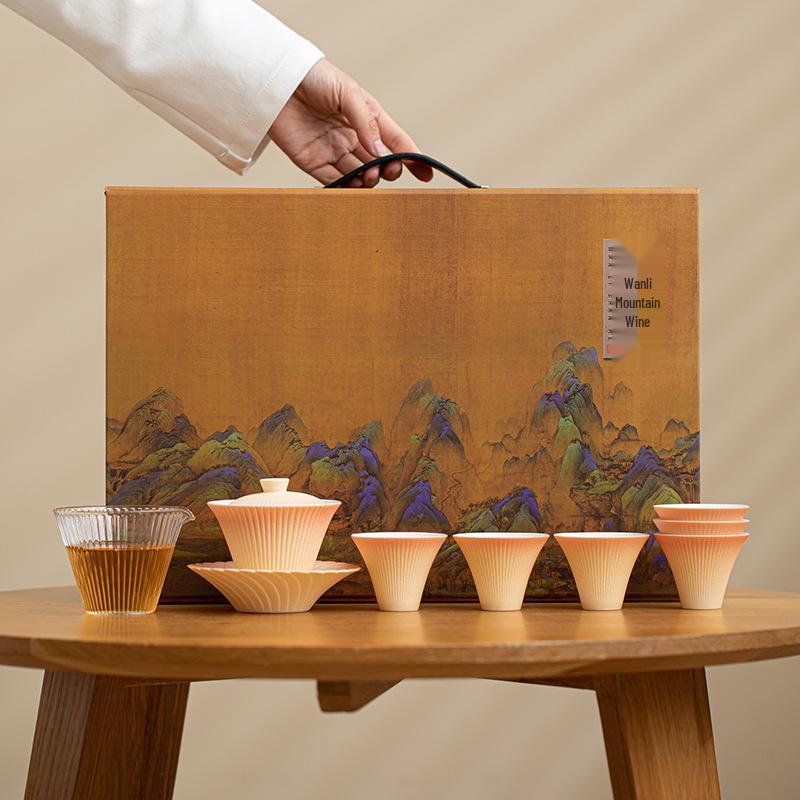 Набор гайвань и чашек для чая с градиентным фейерверком - Высококачественный керамический набор для чая Кунг-фу с подарочной коробкой для сувенира на Праздник Весны