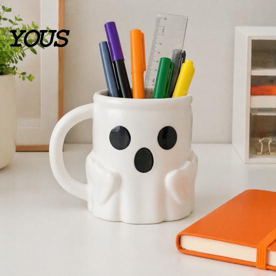 Halloween Party Drinkware Ice Cream Mug with Spoon Holder, 3D Printed Cute Ghost Mug, Shaped Coffee Drinking Cup Pen Holder Decor, Christmas Birthday