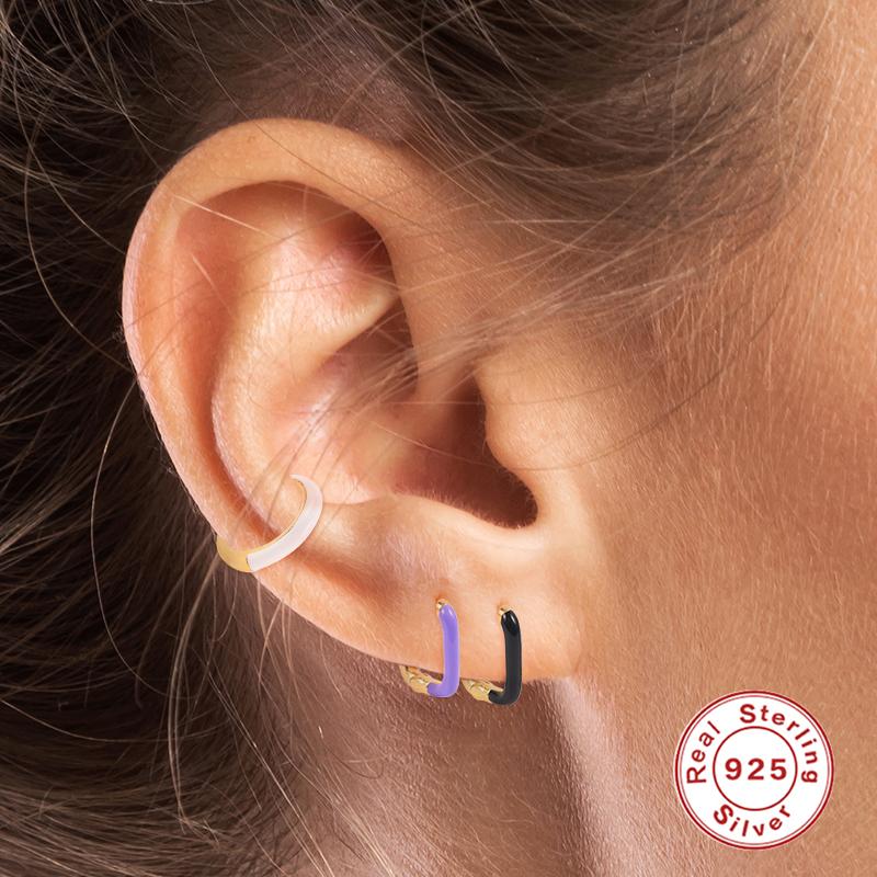 ROXI Multiple Color 18k Gold Plated S925 Silver Huggies U Shape Enamel Hoop Earrings
