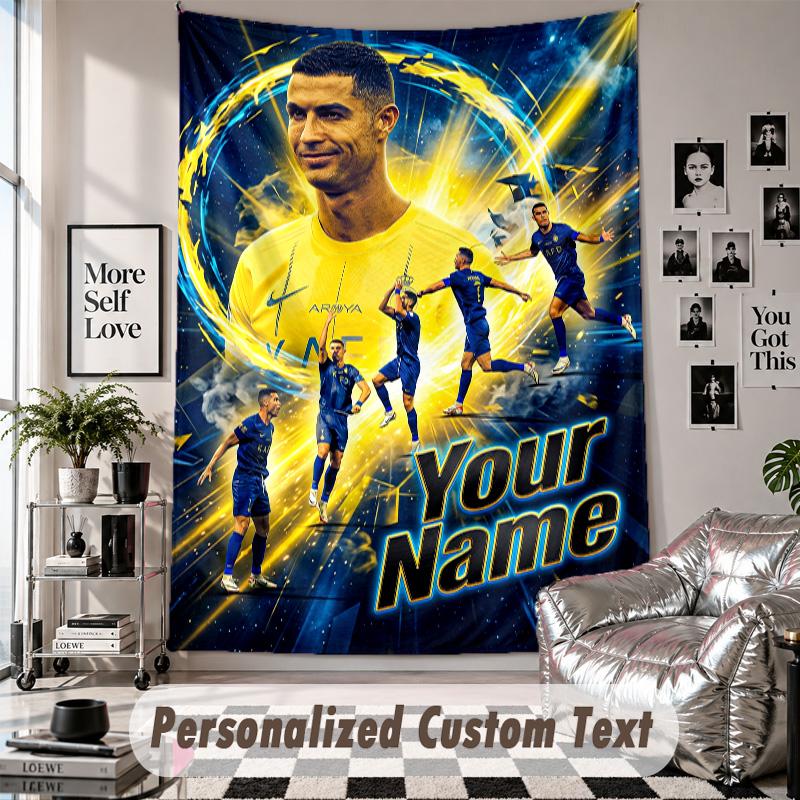 Wall Hanging Tapestry With Custom Name & Text, Cristiano Ronaldo Decorative Tapestry For Bedroom