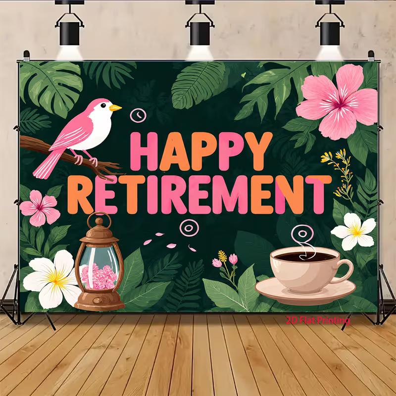 2D Happy Retirement Photo Backdrop Tropical Party Decor Cloth
