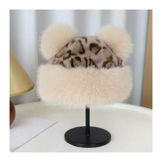 Winter Hat Retro Style Leopard Print Plush Trim Windproof Hat Bear Ear Decor Thickened Warm Women Hat