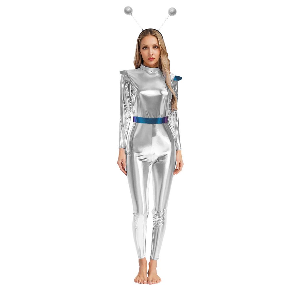 Womens Alien Robot Astronaut Cosplay Costume Metallic Shiny Full Body Unitard Long Sleeve Jumpsuit