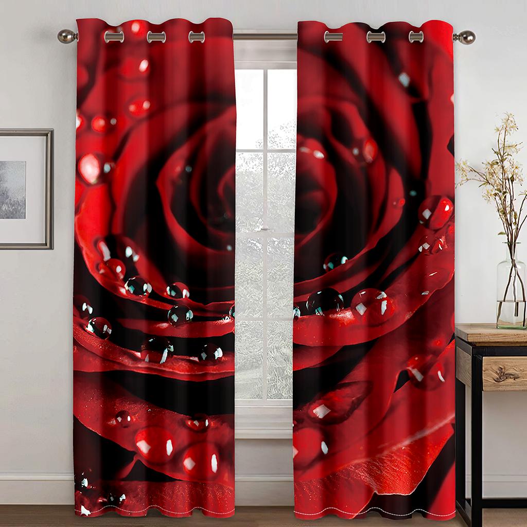 Red Rose Printed Window Curtain, Digital Printing, Bedroom, Living Room, 2 Pieces of Narrow Width, Aesthetically Cortinas
