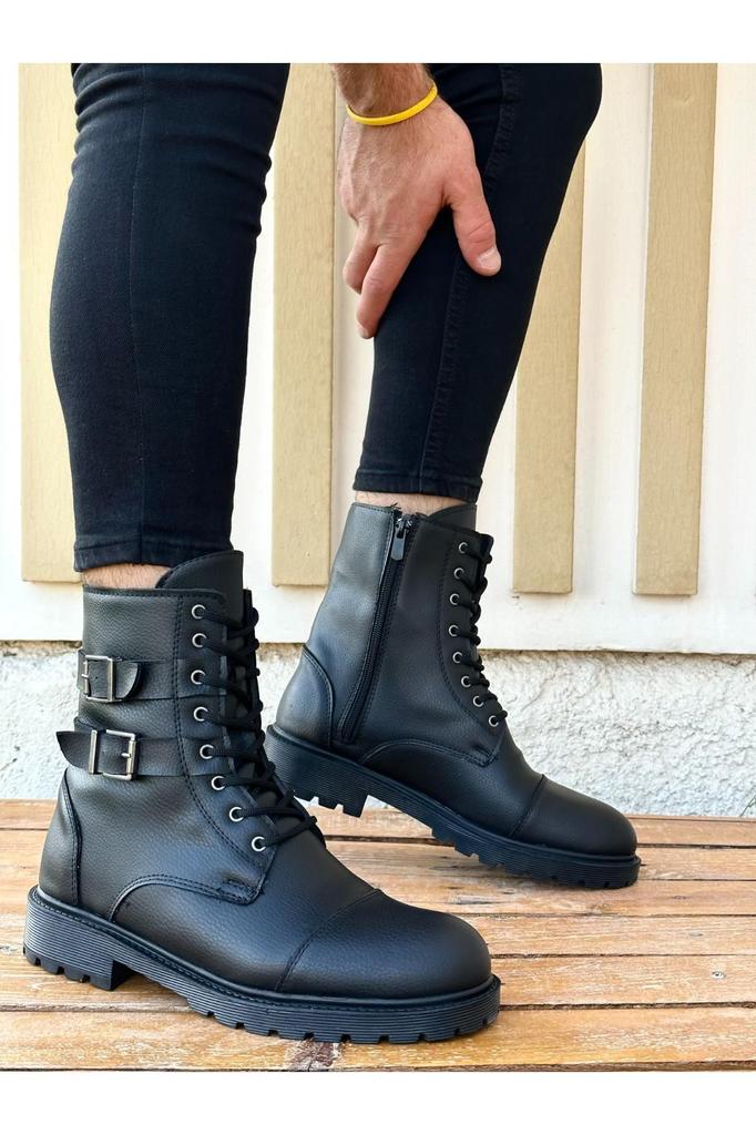 Men's Fashion Faux Leather Thick Heeled Boots Bootie Mario Rubber Sturdy Flexible Winter Water and Cold Proof Unisex Lace-Up and Zippered P Shoes