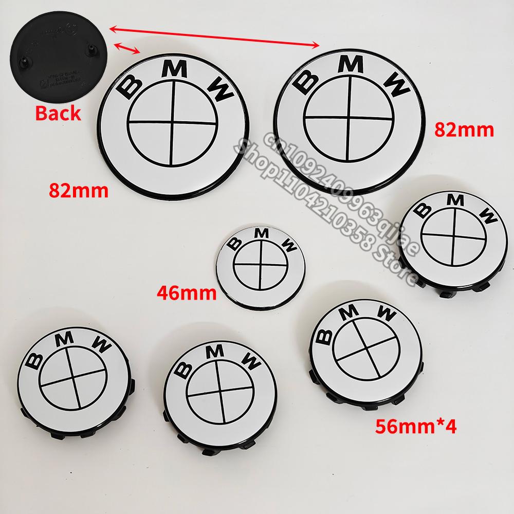 Car Full White Logo Front Hood Emblem 82mm+Rear Badge 74mm+Wheel Hub Cap 68mm/56mm+steering wheel sticker 45mm For All BMW