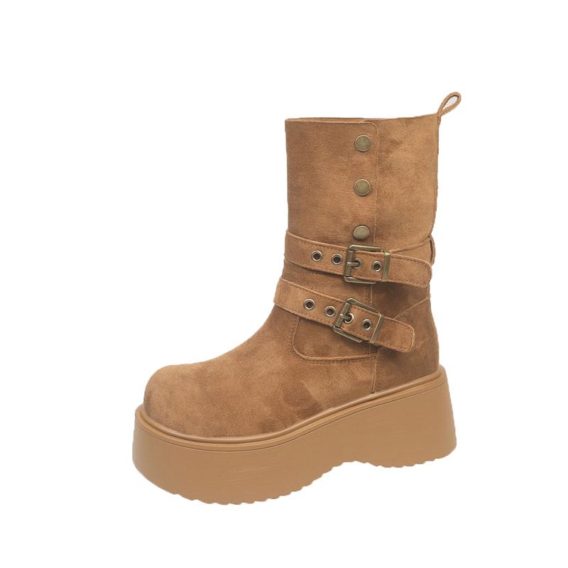 Fashion Shoes for Women 6.5CM Platform Modern Boots Belt Buckle Punk Shoes 2025 Female Suede Leather Motorcycle Boots Mid-Calf Boots