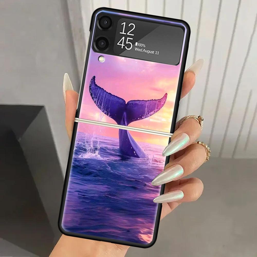 Китовый Горбатый Морской Гигант Жесткий ПК Чехол для Телефона Для Samsung Galaxy Z Flip 7 6 5 4 3 Черный ZFlip7 ZFlip6 Flip5 Flip4 Flip3 5G Печать C