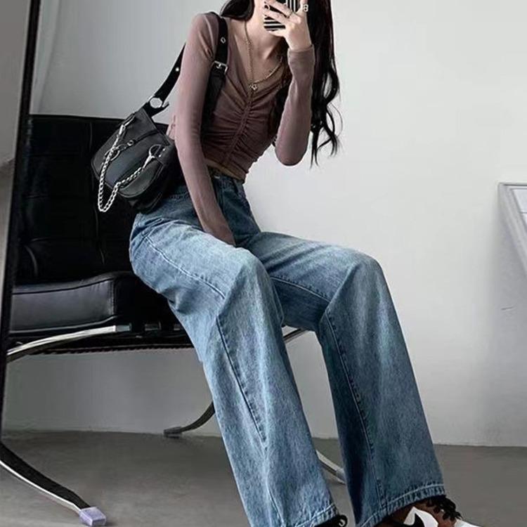 Retro blue wide-leg jeans women's autumn and winter new velvet high-waisted pear-shaped body straight loose floor pants
