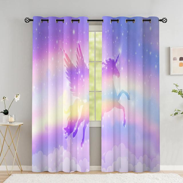Шторы с летающим единорогом для гостиной, волшебный замок, детская комната, шторы для мальчика, радужное небо со звездами, оконная занавеска с высоким затенением