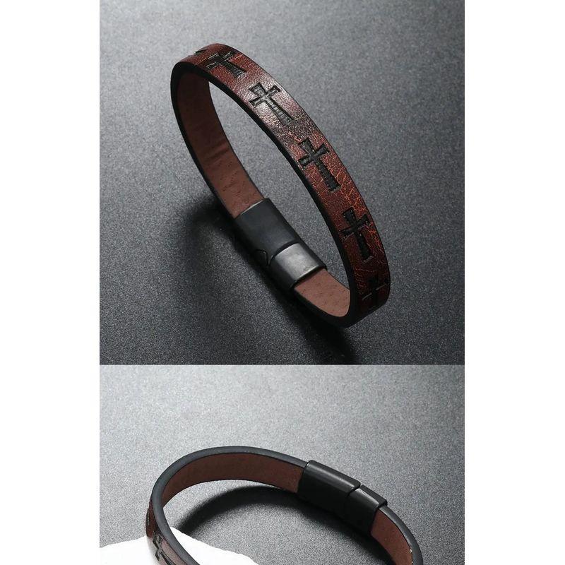 Fashion Retro Style Fashion Leather Bracelet Men Print Multi-Cross Magnetic Buckle Minimalist Bracelet Ins Special-Interest Design