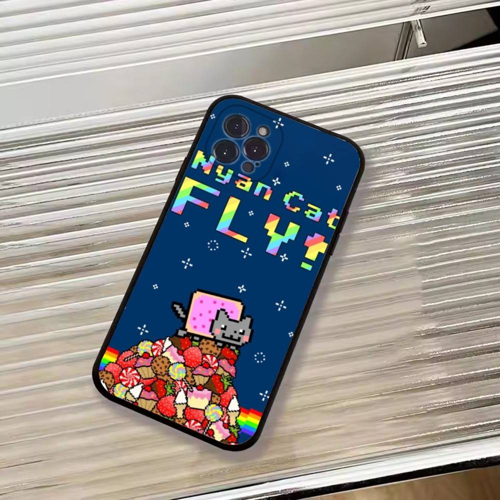 Милый Чехол для Телефона N-Nyan Cat Для iPhone 17,16,15,14,13,12,11 Plus,Pro Max,XS,Мягкий Силиконовый Черный Чехол