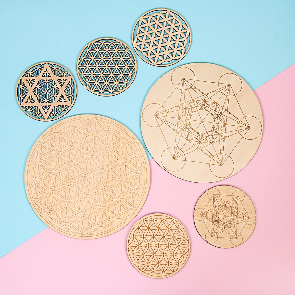 10см Цветок жизни Искусство и ремесла Шаблон чакры Подставка Круглый край Деревянные круги Резные