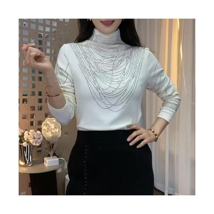 Модный приталенный женский топ с длинным рукавом и полувысоким воротником на осень/зиму