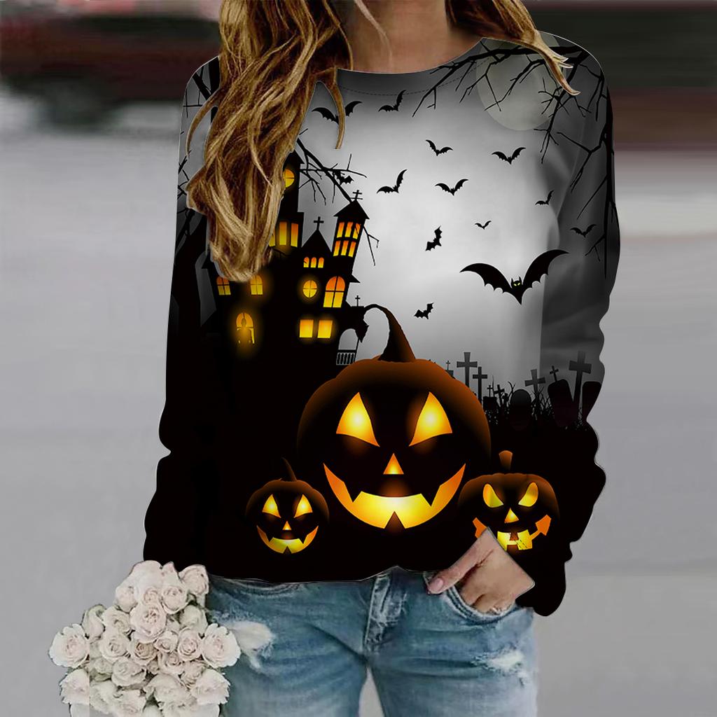 Осенняя женская мода с круглым вырезом и длинным рукавом, свободная одежда, футболка с принтом злой тыквы