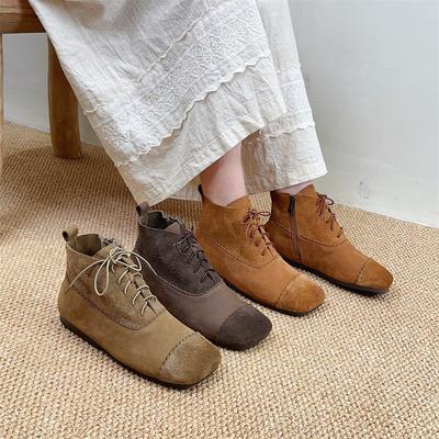 Женские полусапожки в стиле ретро из натуральной кожи с круглым носком и шнуровкой