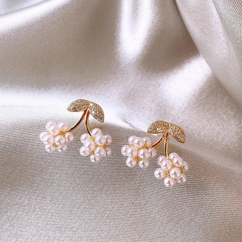 Корейская модная бижутерия Циркон Вишневый жемчуг 14K позолоченные серьги Милая девушка подарок Элегантные женские повседневные аксессуары