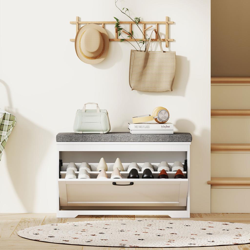 Modern Shoe Bench with Padded Seat Adjustable Shelf for 8 Pairs of Shoes for Entryway 80x30x50 cm White