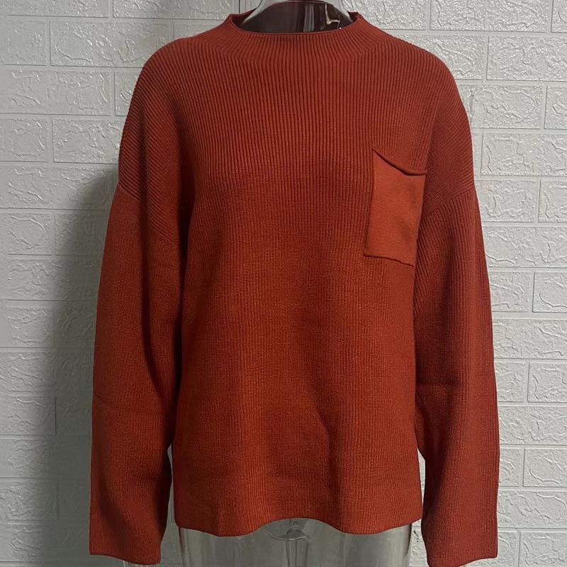 Sweater Women's Fashion Crew Neck Top Casual Long Sleeve Pocket Knitted Pullover