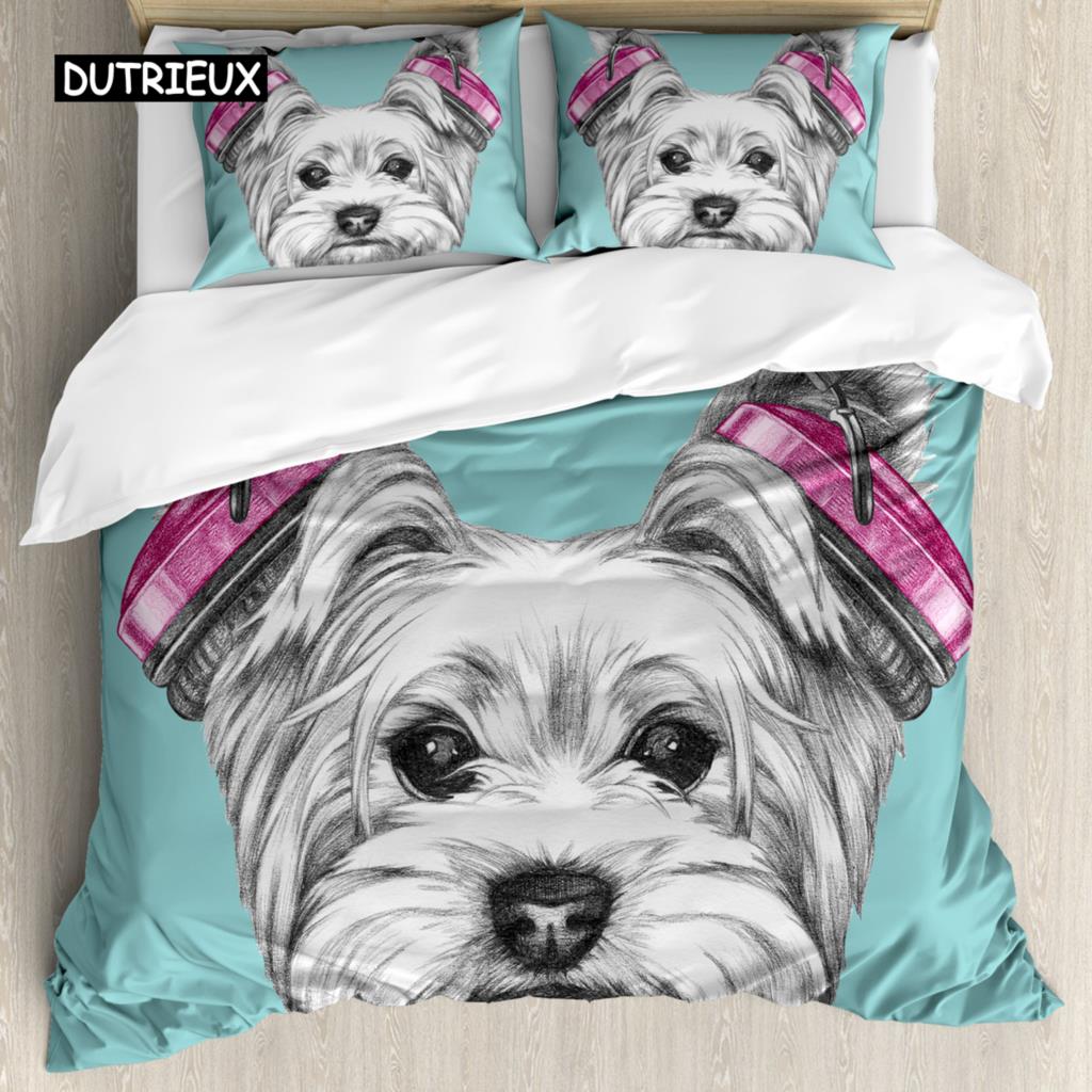 Комплект постельного белья Yorkie с изображением собаки и наушников, музыка, комплект постельного белья из 3 предметов для детей, девочек и мальчиков, мягкий чехол с изображением щенка размера King Size