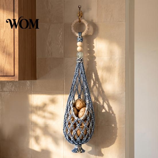 Breathable Mesh Produce Hanger Handwoven Cotton Rope Storage Bag, Wall-Mounted Bohemian Style Organizer, Hand Woven Basket Teardrop Hanging for Onions