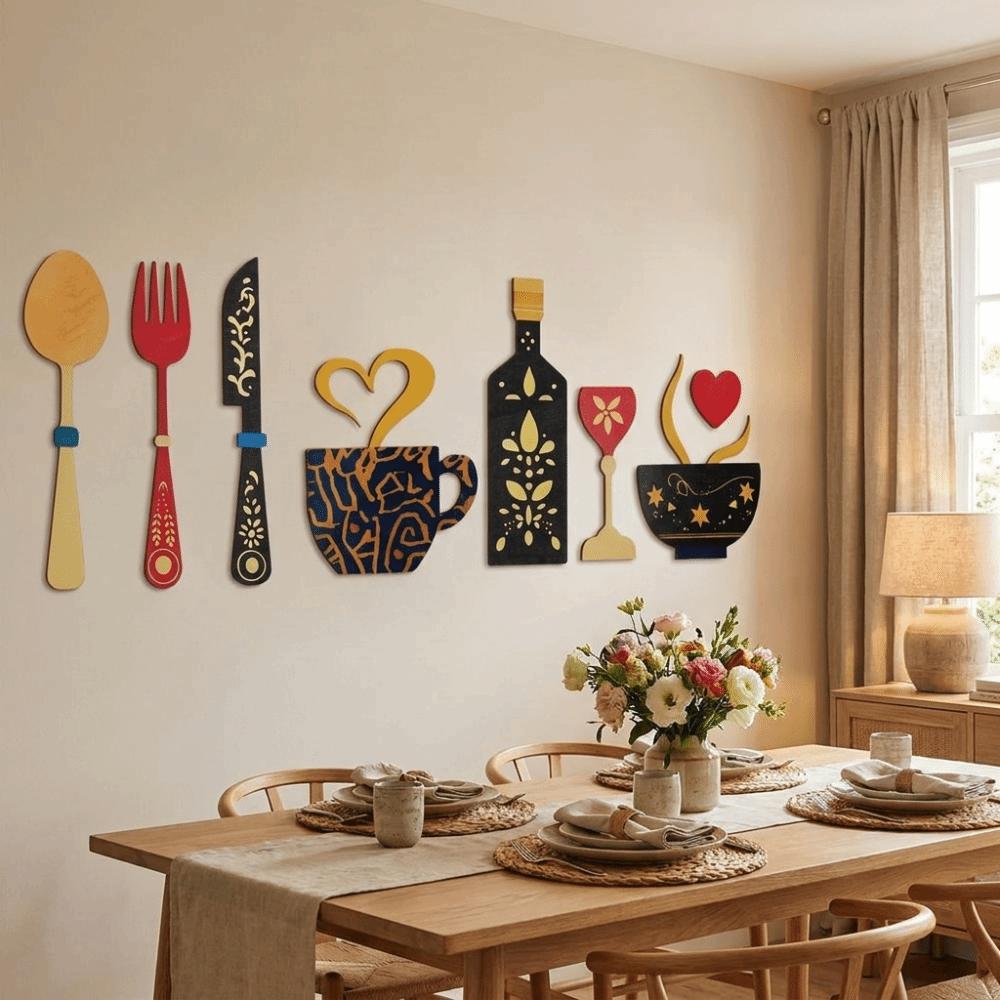 8PCS/SET Rustic Floral Kitchen Utensil Pendant Wood Coffee Cup Wall Sticker Wall Art Decals Bar
