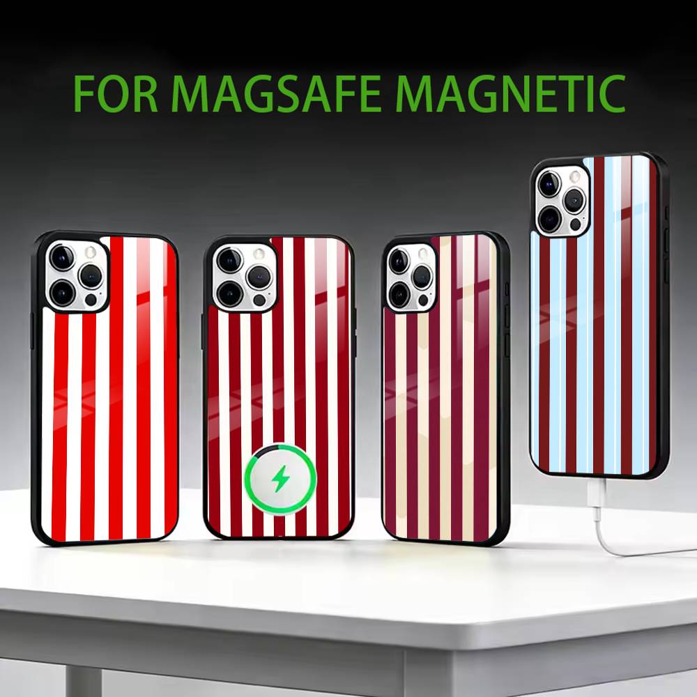 Бордовый с белой полоской Чехол для телефона Для iPhone17,16,15,14,13,12,11 Plus,Pro Max Магнитный Для Magsafe Беспроводной зарядки