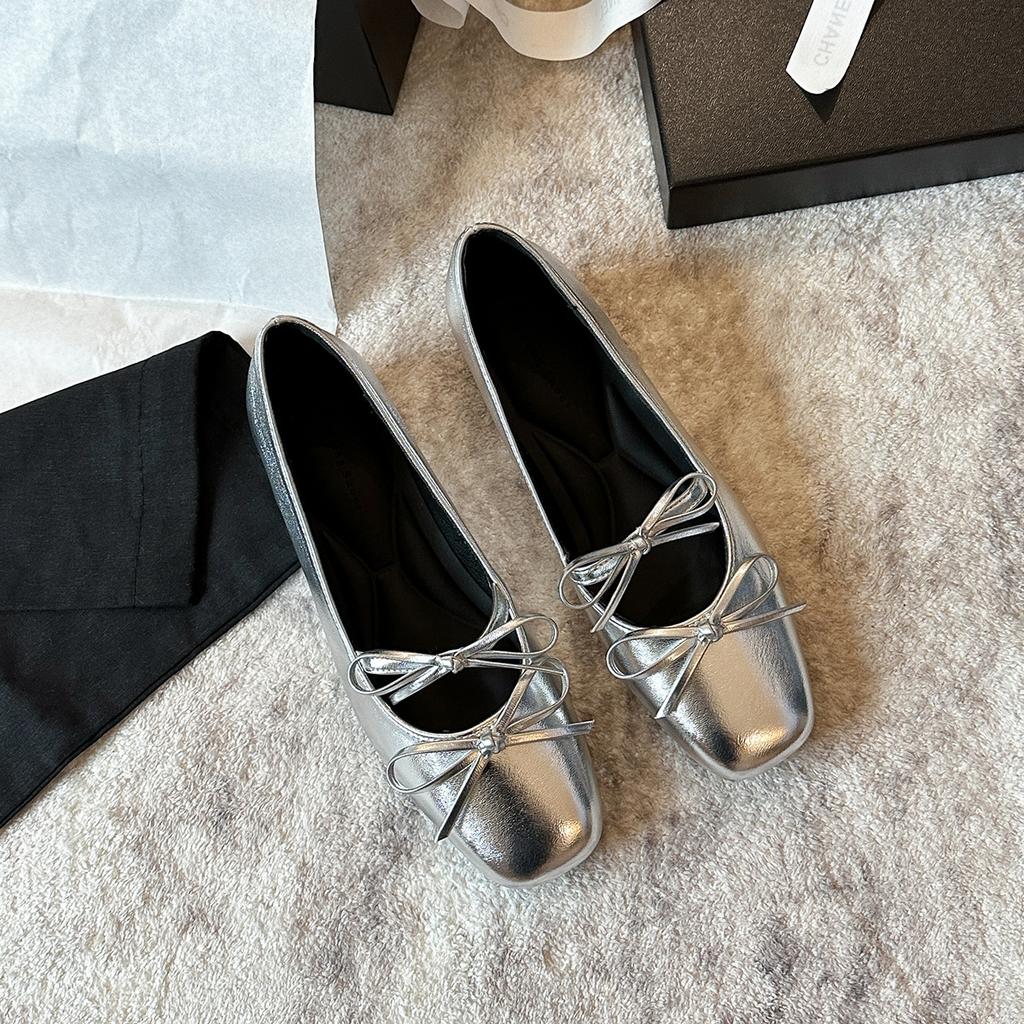 796-5 Silver Inner Height-increasing Single Shoes Women's New Square Head Light Mouth Bow French Mary Jane Fashion Single Shoes