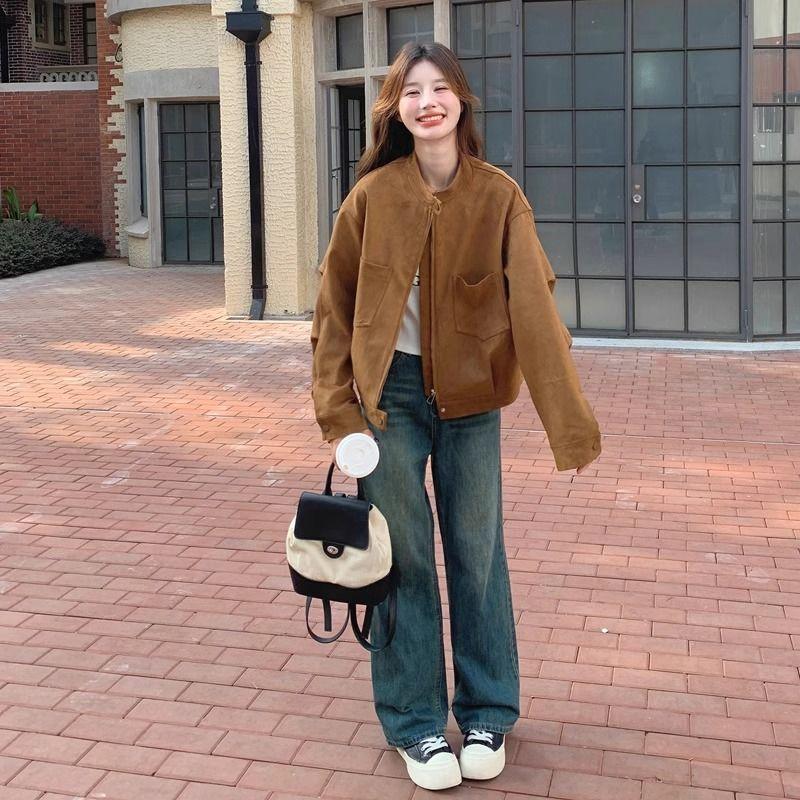 Женская замшевая куртка цвета Майяр Браун в корейском стиле, свободная, повседневная, универсальная, с воротником-стойкой, топ для весны и осени
