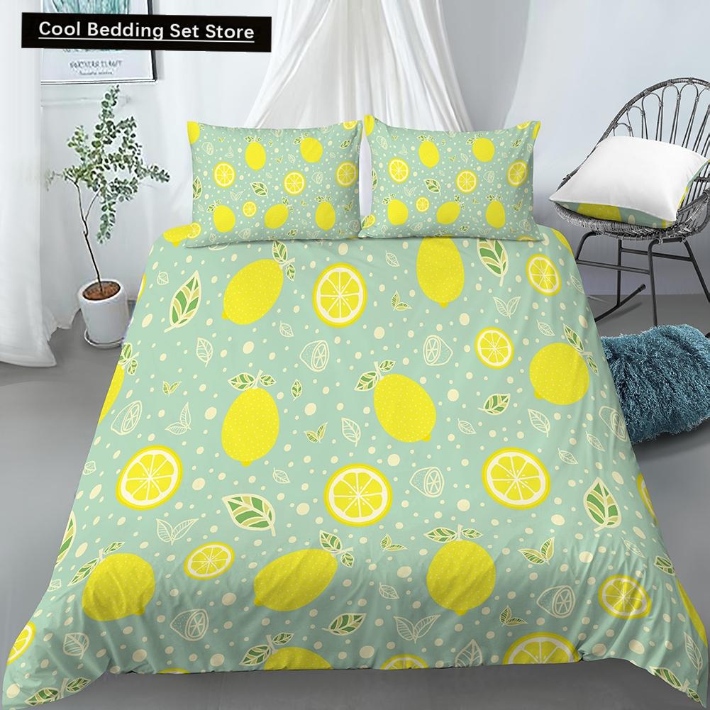 Постельный комплект с принтом лимонов Желто-зеленый Фруктовая тематика Розовый Пододеяльник Размер Кинг/Евро Милый Мультяшный 2/3 шт. Полиэстеровый Чехол для одеяла