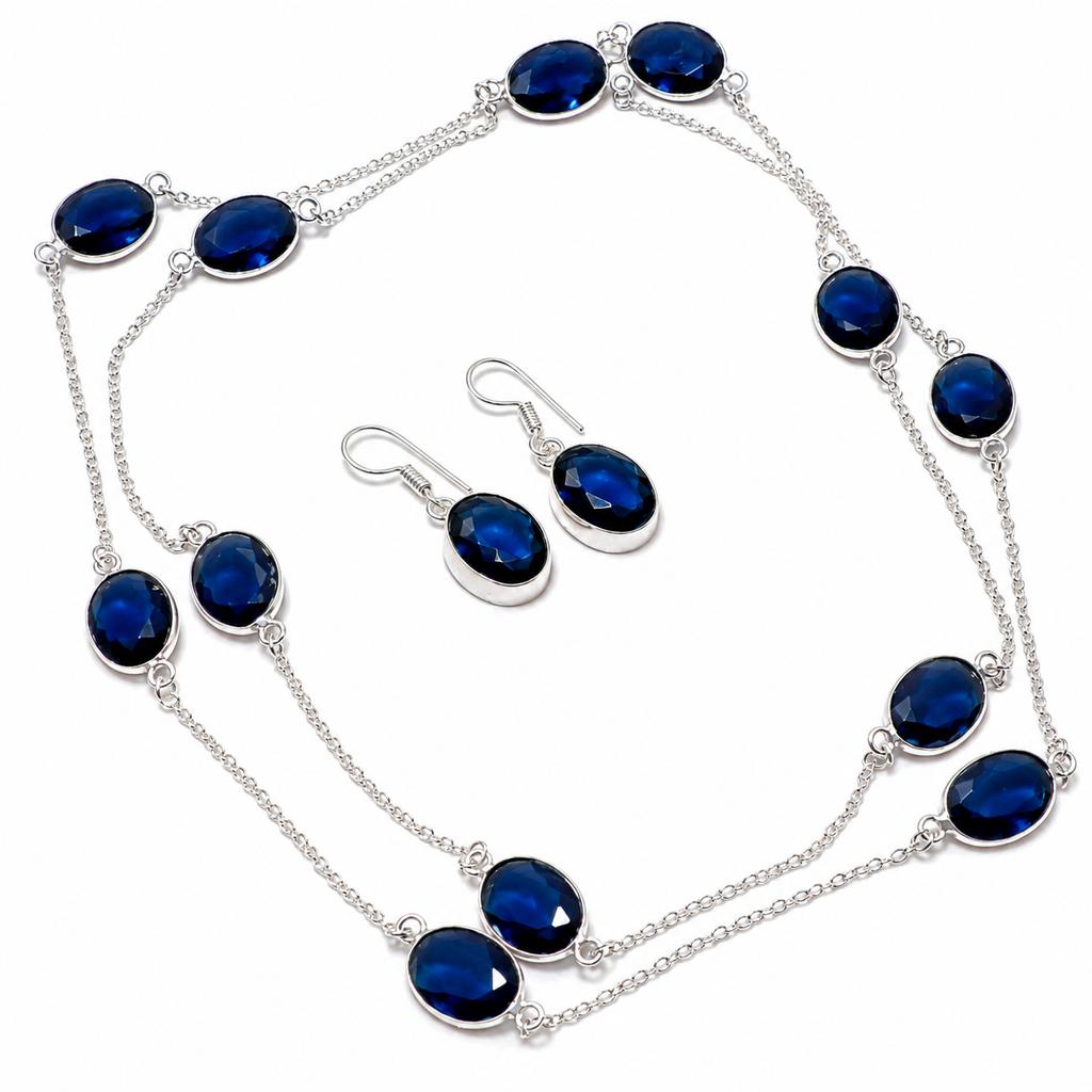 Iolite Oval Shape Gemstone Chain+Earrings Antique Design Handmade Latest Jewelry