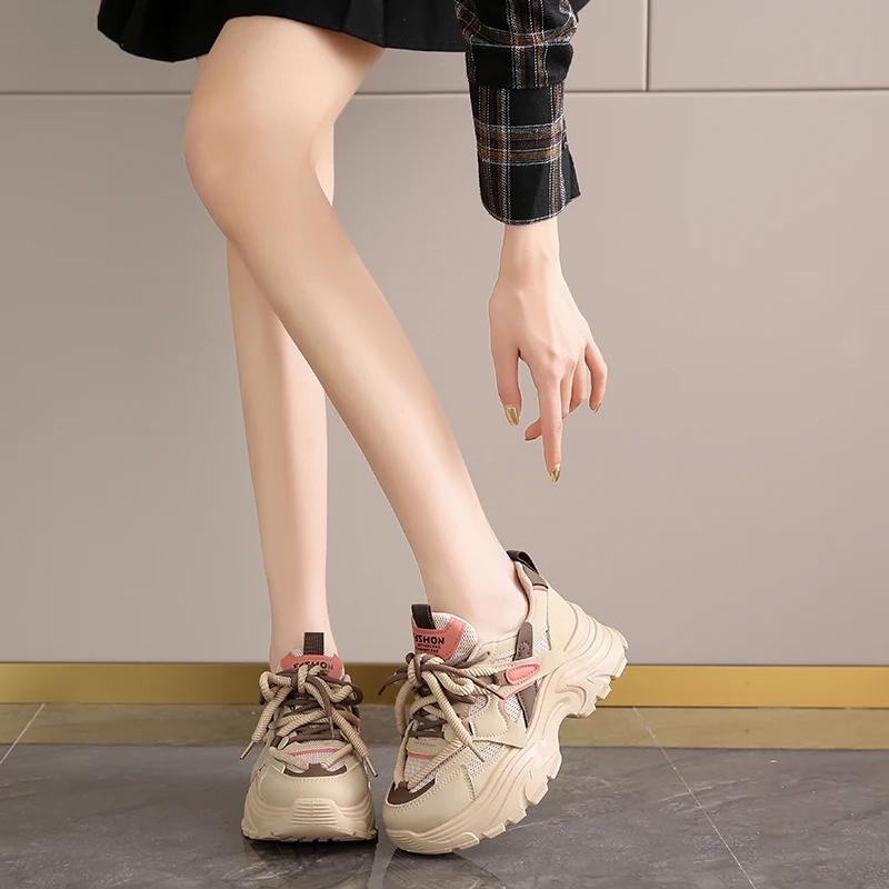 Модные кроссовки SYTK для женщин Модная платформа Клиновидная подошва Шнуровка Повседневные папины кроссовки Сетчатые дышащие Нескользящие для ходьбы Шоппинга Тенниса