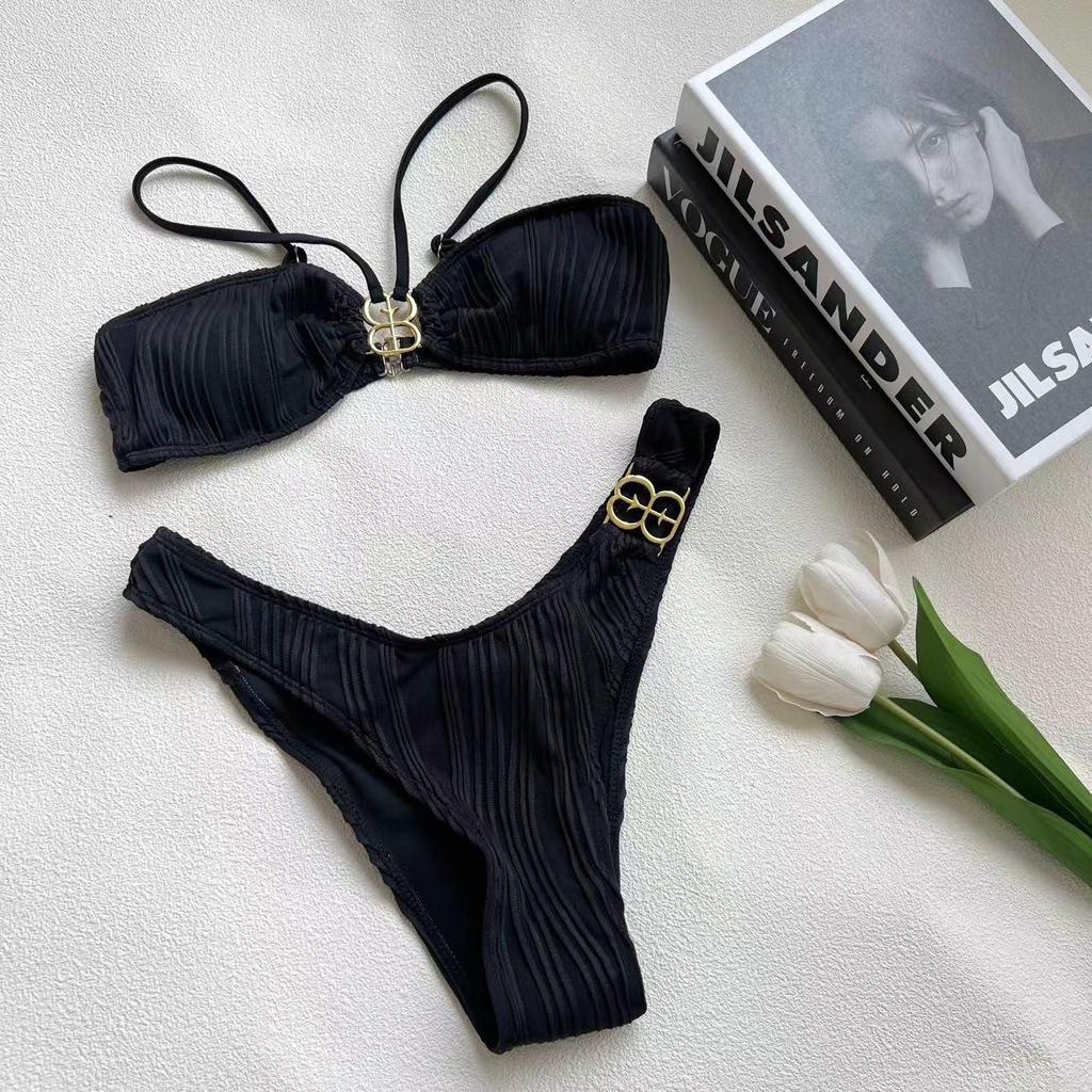 Multicolor Metal Buckle Bikini Swimsuit - European & American Style, Small Chest, Split Design for Women