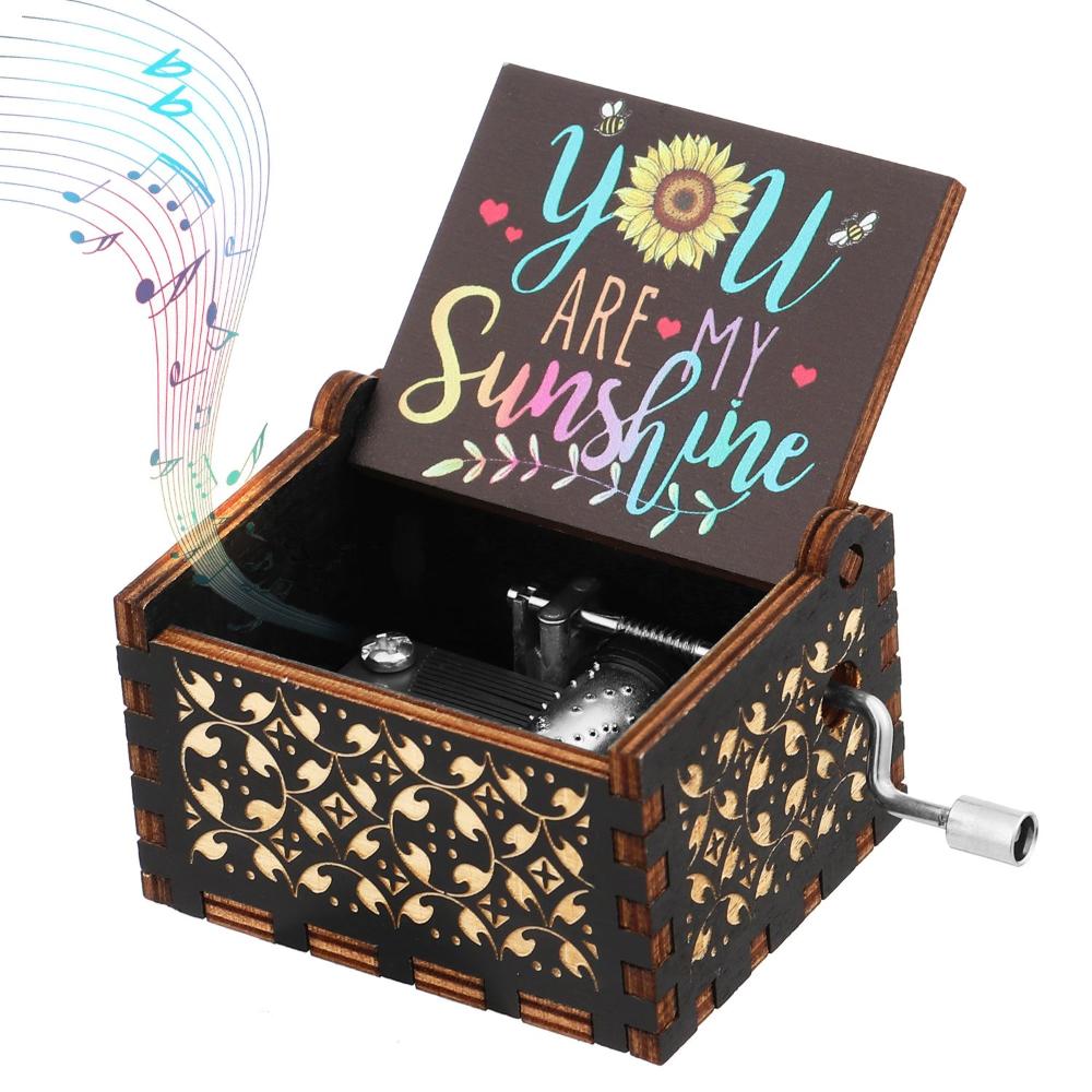 Day You Are My Sunshine Classical Music Box Wooden Hand Crank Musical Boxes Antique Engraved