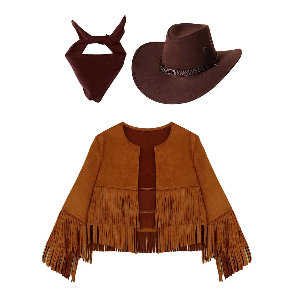 3Pcs Cowboy Costume for Kids Unisex, Fringe Vest Set with Hat & Bandana, Western Cowgirl Halloween Dress Up Outfit