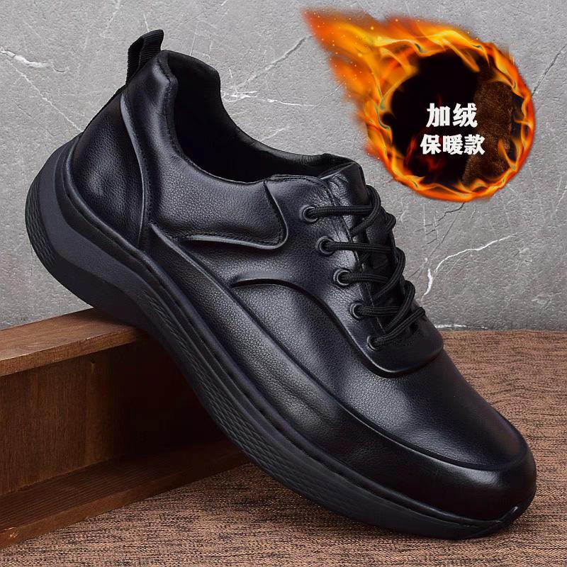 Leather breathable sports shoes men's thick sole lightweight shock absorption manual stitching casual wear-resistant first layer cowhide velvet