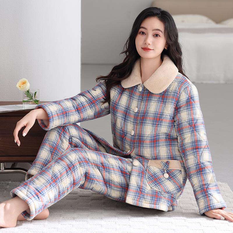 Пижама женская зимняя тканая из чистого хлопка с подкладкой большого размера зимний трехслойный утолщенный бархатный клетчатый комплект для дома