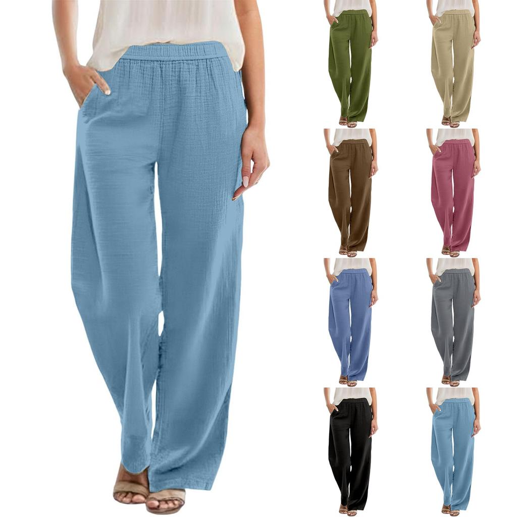 Women's Solid Color Casual Pants Versatile Loose Cotton Linen Wide Leg Pants