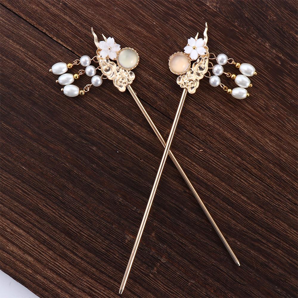 Crystal Bridal Ancient Style Chinese Hanfu Tassel Hairpin Pearl Hair Fork Flower Hair Sticks