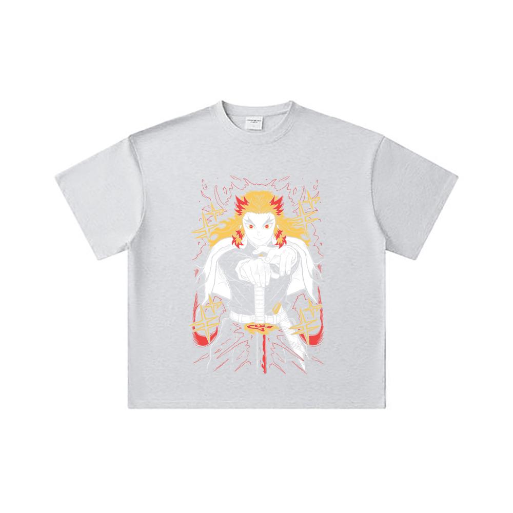 260 GSM Double Yarn 32 Count 100% Cotton Demon Slayer V43 Rengoku Print Unisex Heavy Cotton T Shirt