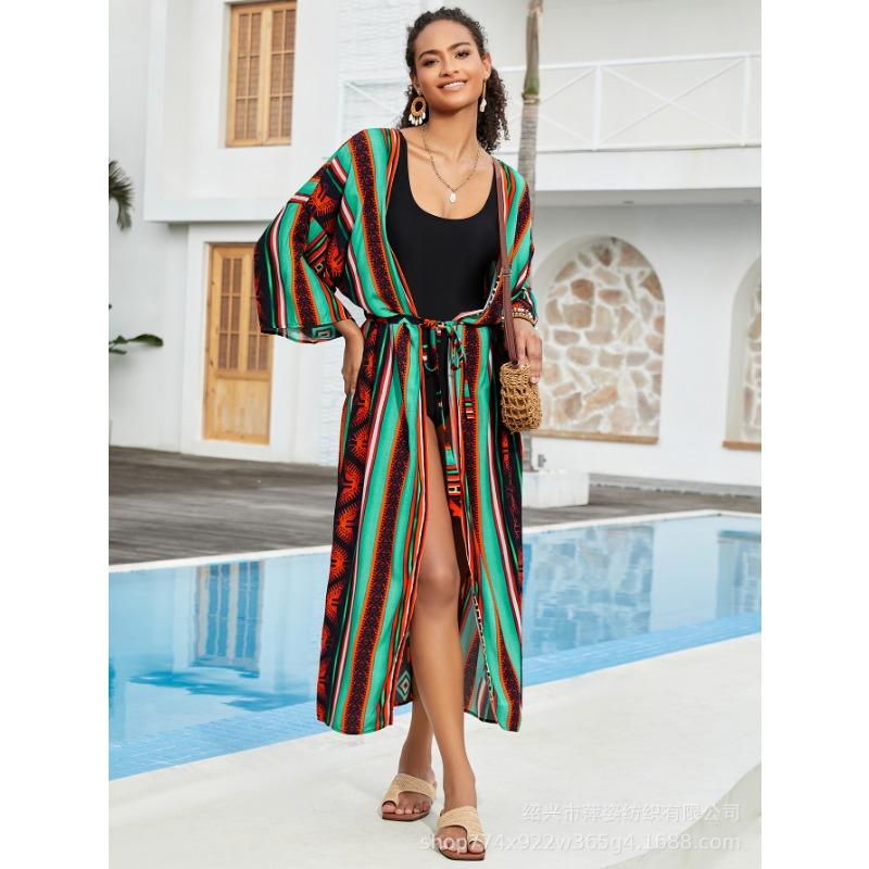 Плюс Размер Женский Пляжный Принт Кардиган Бикини Солнцезащитный Купальник С Накидкой