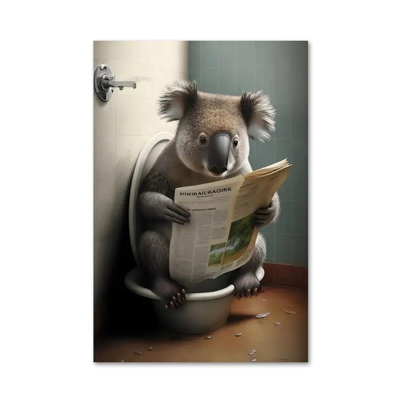 Смешная ванная комната юмористическое животное медведь собака тигр сидит на унитазе читает газету холст картины постеры и принты настенное искусство