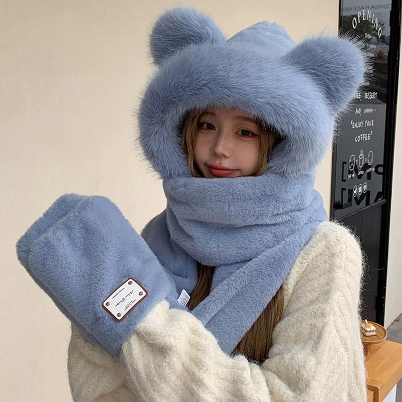 Корейский милый плюшевый комплект из трех предметов для женской осени и зимы Новый шарф, перчатки, шляпа, интегрированная плюс бархатная холодостойкая и теплая шляпа