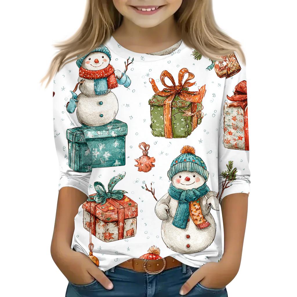 Children's 3/4 Sleeve Round Neck Top Christmas Tree Printed Everyday Casual Top