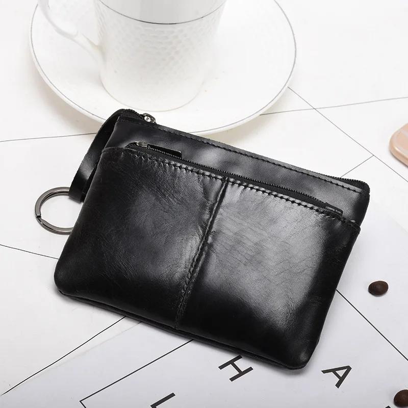 Genuine Leather Coin Purses for Men and Women Vintage Keychain Wallet with Card Holder Solid Color Small Zipper Clutch Purse