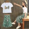 Детский костюм для девочек, футболка с короткими рукавами и принтом, свободные широкие брюки в стиле тропического леса, летняя повседневная одежда
