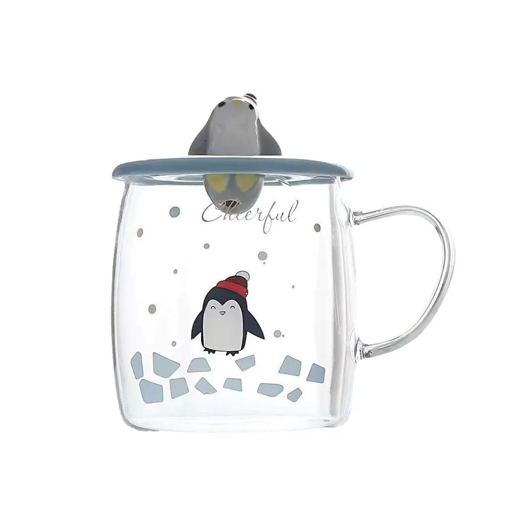3D Lid Penguin Glass Mug With Spoon Mate Cup of Drinking Cute Mugs Coffee Cups Cup for Tea Glasses for Drinks Mugs Free Shipping